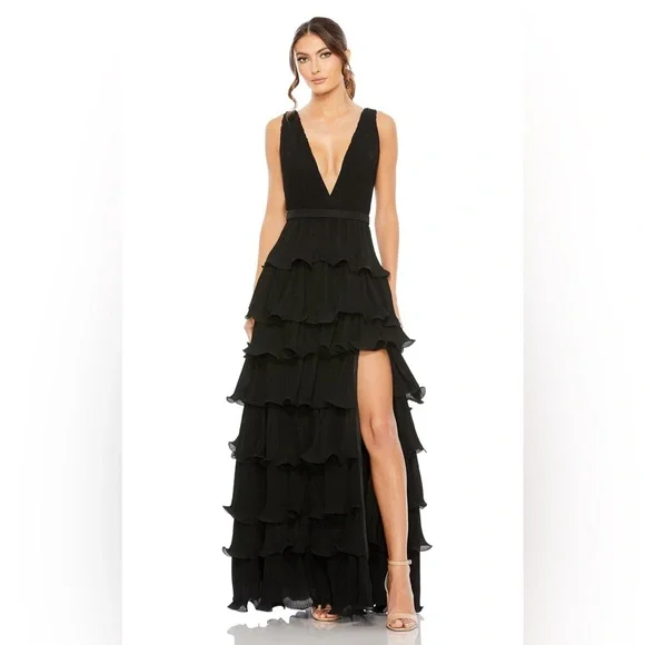 NWT 49054 Mac Duggal Ieena Black Sleeveless Ruffle Tiered V Neck Gown - Picture 2 of 6